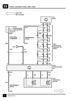 Page 113RADIO (AUSSER NAS) (MID LINE)E6
8SCHALTPLAN
F 3
10 A
5 C437
P126
Sicherungsbox
Instrumententa-
fel
siehe Siche-
rungsdetails
1 C229
LGO
45
Z111
Radio
9
S272
10C260
32
6
E401
siehe Massean-
schluß
C413
+
–+
–
B
C412 6
PY
AE6-4
E201
1 11
910C2055
132C212
132C437
C412
S418
siehe Massean-
schluß
R
B
SCR
Z199
Abschirmung
Subwoofer–Ver-
stärker
K146
Tiefsttonlaut-
sprecherZ176
Tiefsttonverstär-
ker außer NAS
Mid Line Radio
X
BBWBBW S334 