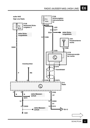 Page 114RADIO (AUSSER NAS) (HIGH LINE)E6
9SCHALTPLAN
S2061
4
E201
30
F 6
20 A
PP128
Dezentrale Siche-
rungsbox 2
6RN
siehe Siche-
rungsdetails
Innenleuchten
C2029 4
siehe Massean-
schluß
C2055 12UY
PY
C212 13Z111
Radio
8
B
13
5 C230 außer NAS
High Line Radio
X
F 3
10 A
siehe Siche-
rungsdetails
P126
Sicherungsbox
Instrumententa-
fel
1 C229
13 C209
1 C426
1 C468
Z178
Antennenverstär-
ker rechts
C470
C2079Koaxialkabel
Z181
Fensterantenne
rechts
C230
7
S334
12 C277LGO
BE6-12
siehe Massean-
schluß
S272
2
B 