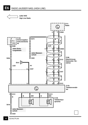 Page 117RADIO (AUSSER NAS) (HIGH LINE)E6
12SCHALTPLAN
F 3
10 A
5 C437
P126
Sicherungsbox
Instrumententa-
fel
siehe Siche-
rungsdetails
1 C229
45
Z111
Radio
6
S272
3C2061
32
6
E401
siehe Massean-
schluß
C413
+
–+
–
C412 6
PY
BE6-9
E201
1 11
910C2055
132C212
132C437
C412
siehe Massean-
schluß
R
B
SCR
Z199
Abschirmung
Subwoofer–Ver-
stärker
K146
Tiefsttonlaut-
sprecher außer NAS
S418High Line Radio
B
 
X
Z176
Tiefsttonverstär-
ker LGO
BBWBBW
S334 