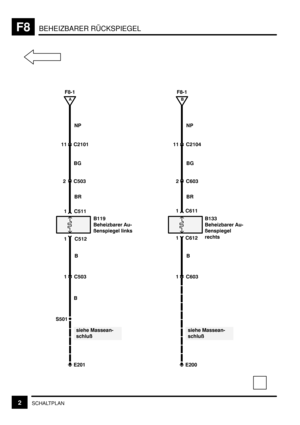 Page 127BEHEIZBARER RÜCKSPIEGELF8
2SCHALTPLAN
++N
7
		 ,8

& 

++  B+%+
,
F8-1
+ $%(
+((
7
		 ,8

&
	

+  $%(

>G8+
NP
BG
BR
 $++
 $+B
B
++  B+%D
B  H%(NP
BG
BR
 H++
 H+B

+  H%(
E200
siehe Massean-
schluß
$%+
E201
siehe Massean-
schluß
++
+ B 