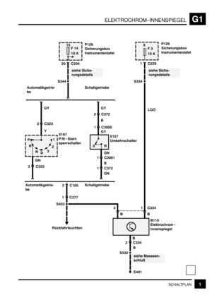 Page 128ELEKTROCHROM–INNENSPIEGELG1
1SCHALTPLAN
%
.+BH
	

;

	2

+$
>+D
+% ,

.


0(B+
K+HO
.C	8
&			

B
F
K+$O
2		
#
.+BH
	

;

	2

 K
>(
+% ,
++%
		2



&
+(
 
D%+
(DD
B%  B%D
 (B( GY GY
GN
 (B(
(  +%$
D((
((BB  ((D ((D
LGO ((D+  BBN
B
B  (OB
B
+  (%%%
GY
GN
B
+  (%%+
+  (OB
siehe Siche-
rungsdetailssiehe Siche-
rungsdetails
siehe Massean-
schluß Rückfahrleuchten Automatikgetrie-
beSchaltgetriebe
Automatikgetrie-...