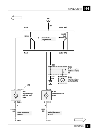 Page 150STANDLICHTH4
3SCHALTPLAN
NAS
E200
S2006
B166
Standlicht vorn
links
B
H4-1
RB
NAS außer NAS
siehe Siche-
rungsdetails
S2025
HJ5
4 C204
P126
Sicherungsbox
Instrumententa-
fel
siehe Massean-
schluß
D
2 C211Z148
Multifunktions-
einheit (MFU)
1 C109
B161
Begrenzungs-
leuchte vorn
links
1 C1013
2 C1013
C
H4-4
S2006
HJ5
E201
HJ11siehe Massean-
schluß
2 C109
BB
S288RB
NAS außer NAS 