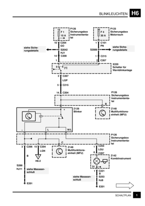 Page 156BLINKLEUCHTENH6
1SCHALTPLAN
S288
15
F 1
15 A
0
[1]
E201
siehe Siche-
rungsdetails10 C204
3 C267
30
F 4
30 A
1 C101
GOP126
Sicherungsbox
Instrumententa-
fel
P125
Sicherungsbox
Motorraum
LGP
5 C215
14 C204
L
Z128
Blinker
W/L
3 C206
B
siehe Massean-
schluß
15 C204
LGN
Z148
Multifunktions-
einheit (MFU)
Z148
Multifunktions-
einheit (MFU)
P126
Sicherungsbox
Instrumententa-
fel
1C254P126
Sicherungsbox
Instrumententa-
fel
X220
Schalter für
Warnblinkanlage
2 C267 1
B
+
–
C
A
H6-214 C209
1 C215
PN
HJ11siehe...