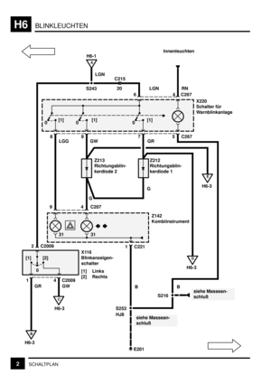 Page 157BLINKLEUCHTENH6
2SCHALTPLAN
S243
0[1]
20 C215
H6-1
0[1]0[1]
89 7
X220
Schalter für
Warnblinkanlage
LGN
6
LGN
4
C267 5 Innenleuchten
C267RN
A
2 C2009
[1] [2]
0
B
H6-3
1
GR
C
H6-3
4
GWX116
Blinkanzeigen-
schalter
[1] Links
[2] Rechts
C2009
GW GR
E
H6-3
D
H6-3
Z213
Richtungsblin-
kerdiode 2Z212
Richtungsblin-
kerdiode 1
G
LGG
G
9
1 C221
C2074
31 31Z142
Kombiinstrument
B
S253
E201
siehe Massean-
schlußHJ8
siehe Massean-
schluß S216B 