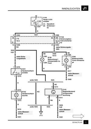 Page 164INNENLEUCHTENJ1
1SCHALTPLAN
E201
siehe Sicherungsde-
tails
RB
1 C276
0 [1]
1 C275
R
1 C273
1 C272
B
S216
siehe Massean-
schluß
X231
Handschuhfach-
schalter
B152
Handschuhfach-
leuchte
1 C206
F 2
10 A
21 C204
S4202 C392
4 C392X240
Bedienschalter
Fond–Klimaanla-
ge
B158
Beleuchtung f.
Klimaschalter im
Fond
BB 1 C393
1 C394
S417
E400
siehe Massean-
schluß
S221
0
[1][2]X145
Haupt–Licht-
schalter
[1] Standlicht
[2] Scheinwer-
fer
4 C201
R
3 C203
F 8
10 A
P126
Sicherungsbox
Instrumententa-
fel
14 C208
2 C214
3...