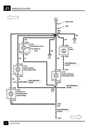 Page 165INNENLEUCHTENJ1
2SCHALTPLAN
J1-1
S256 RO
HJ9
X130
Scheinwerferein-
stellungsschalter
B RNRN
1 C259
4 C259
siehe Massean-
schluß
E201
RNC
J1-4RN
A
B
J1-3RN
Z111
Radio
8 C230
6 C230 RN
siehe Massean-
schluß
E201 S255
außer NAS
NAS
siehe Massean-
schluß
HJ8
X222
Schalter für
Heckscheiben-
waschanlage
B
5 C249
2 C249
X132
Heckscheiben-
heizungsschalter
B RN
4 C264
2 C264
siehe Massean-
schluß
S216
Z142
Kombiinstrument
[13] Beleuch-
tung
B RN
1 C221
9 C222
[13]
S253
HJ8 