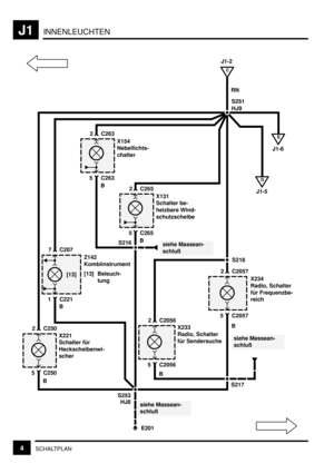 Page 167INNENLEUCHTENJ1
4SCHALTPLAN
J1-2
S251
HJ9
E
J1-6
C
RN
siehe Massean-
schluß
E201 S253HJ8
X221
Schalter für
Heckscheibenwi-
scher
B
5 C250
2 C250
B
1 C221
7 C207
B
C265
C265
[13]
siehe Massean-
schlußS216
X234
Radio, Schalter
für Frequenzbe-
reich
B
5 C2057
2 C2057
X233
Radio, Schalter
für Sendersuche
B
5 C2056
2 C2056
D
J1-5
siehe Massean-
schluß
S217S218 Z142
Kombiinstrument
[13] Beleuch-
tungX131
Schalter be-
heizbare Wind-
schutzscheibe
B
5 C263
2 C263
X154
Nebellichts-
chalter
52 