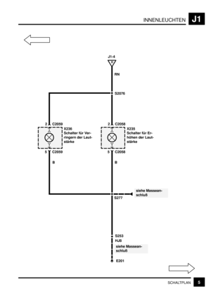 Page 168INNENLEUCHTENJ1
5SCHALTPLAN
J1-4
S2076
D
RN
siehe Massean-
schluß
E201 S253
siehe Massean-
schluß
HJ8
X236
Schalter für Ver-
ringern der Laut-
stärke
B
5 C2059
2 C2059
S277
X235
Schalter für Er-
höhen der Laut-
stärke
B
5 C2058
2 C2058 