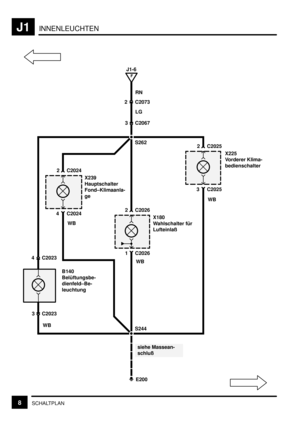 Page 171INNENLEUCHTENJ1
8SCHALTPLAN
F
J1-6
RN
S262
X180
Wahlschalter für
Lufteinlaß
1 C2026
2 C2026
siehe Massean-
schluß
E200 S244
WB
3 C2067
2 C2073
LG
X225
Vorderer Klima-
bedienschalter
3 C2025
2 C2025
WB
B140
Belüftungsbe-
dienfeld–Be-
leuchtung
3 C2023 4 C2023
WB
X239
Hauptschalter
Fond–Klimaanla-
ge
4 C2024
2 C2024
WB 