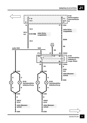 Page 174INNENLEUCHTENJ1
11SCHALTPLAN
siehe Massean-
schlußB102
Getriebewählhe-
belbeleuchtung
1 C346G
G
B B
S2016
HJ10
B
E200 2 C346
siehe Massean-
schlußB102
Getriebewählhe-
belbeleuchtung
1 C346G
G
B B
S2025
HJ10
B
E200 2 C346
15
F 18
10 AP126
Sicherungsbox
Instrumententa-
fel
RG
siehe Massean-
schluß
S238
HJ5
B
E200
K104
Getriebewählhe-
belbeleuch-
tungs–Relais
86 C2044 30
85 C2044 87a87
87a 87 85
86 30
NAS außer NAS
siehe Siche-
rungsdetails S274
HJ1
GLG GLG 18
J1-6
J
RN
58
F 2
10 A
21 C204
RB
siehe Siche-...