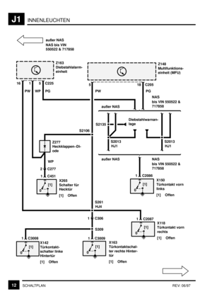Page 175INNENLEUCHTENJ1
12SCHALTPLANREV: 06/97
18
PW
S261
0[1]
1 C3008
X142
Türkontakt-
schalter linke
Hintertür
[1] Offen
0[1]
1 C2087
X118
Türkontakt vorn
rechts
[1] Offen S309
0[1]
1 C3009
X163
Türkontaktschal-
ter rechte Hinter-
tür
[1] Offen
1 C306
0[1]
1 C2086
X150
Türkontakt vorn
links
[1] Offen Diebstahlwarnan-
lagePG
C205
S2106
0[1]
1 C451
X265
Schalter für
Hecktür
[1] OffenZ148
Multifunktions-
einheit (MFU)
2 C277
5
HJ4
Z163
Diebstahlalarm-
einheit
116C225
PW WP PG5
Z277
Heckklappen–Di-
odeS2013
HJ1...