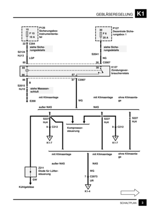 Page 180GEBLÄSEREGELUNGK1
3SCHALTPLAN
15
F 15
10 A
A
K1-4
30
25 A
S2124S2041
P126
Sicherungsbox
Instrumententa-
felP127
Dezentrale Siche-
rungsbox 1
Z211
Diode für Lüfter-
steuerung 22 C204
LGP
85 30 C2007NG
K127
Zündungsver-
braucherrelais 8530
8687
86 87
GW B
WG
KühlgebläseKompressor-
steuerung E200
siehe Siche-
rungsdetailssiehe Siche-
rungsdetails
siehe Massean-
schluß
F 6
S2015
HJ10C2007
B
K1-7 9 C212
WG
7 C2073
UR mit Klimaanlage mit Klimaanlage
S227
HJ4 ohne Klimaanla-
ge
B
K1-7 9 C212
S227
HJ4 S227
HJ4...