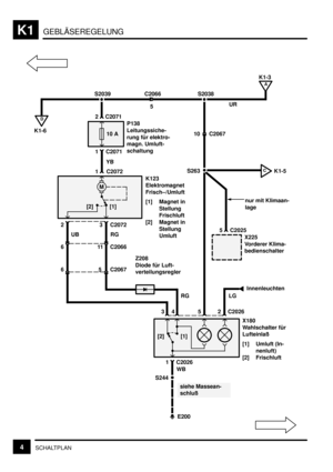 Page 181GEBLÄSEREGELUNGK1
4SCHALTPLAN
4 S2039
10 A
2 C2071
E200
siehe Massean-
schluß
D
CK1-5 K1-6
C2066
5
1 C2071
YB
1 C2072
3 C2072 2
UB RG
11 C2066 6
5 C2067 6
WB
1 C2026
2 C2026 5 3RG
S2038
10 C2067
Innenleuchten
LG
X180
Wahlschalter für
Lufteinlaß
[1] Umluft (In-
nenluft)
[2] Frischluft S263
5 C2025
X225
Vorderer Klima-
bedienschalter K123
Elektromagnet
Frisch–/Umluft
[1] Magnet in
Stellung
Frischluft
[2] Magnet in
Stellung
Umluft P138
Leitungssiche-
rung für elektro-
magn. Umluft-
schaltung
Z208
Diode für...