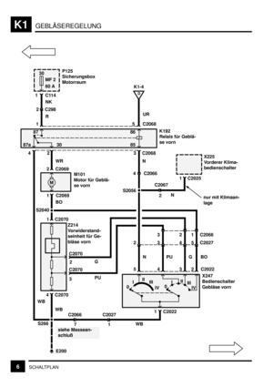 Page 183GEBLÄSEREGELUNGK1
6SCHALTPLAN
BO
S2040
30
MF 2
60 A
1C114
E200
M 1 C2068
D
K1-4
5UR
87a87
30
42 3
WR
C2069
C2069 2
1
C2068
N
M101
Motor für Geblä-
se vorn4 C2066K192
Relais für Geblä-
se vorn
S2056
C2067
2N
X225
Vorderer Klima-
bedienschalter
1 C2025
C2070 1
C2070
C20702
3G
PU
C2070 4
siehe Massean-
schluß
C2066C2027
WB1 C2022
0III
III
IV0III
III
IV
X247
Bedienschalter
Gebläse vorn
C202223 4 5NPUGBO
5 4 3 2 Z214
Vorwiderstand-
seinheit für Ge-
bläse vorn
WB WB
S266C2027
1 2 3 C2066
nur mit Klimaan-
lage...