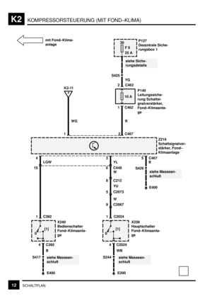 Page 199KOMPRESSORSTEUERUNG (MIT FOND–KLIMA)K2
12SCHALTPLAN
E400
0
B
1 C392
X240
Bedienschalter
Fond–Klimaanla-
ge
S417
4 C392
15
4 C467
LGWZ216
Schaltsignalver-
stärker, Fond–
Klimaanlage
0
WB
1C2024
X239
Hauptschalter
Fond–Klimaanla-
ge
S2444 C2024
siehe Massean-
schluß
35
YL
6 C448
W
B
S426
E400
siehe Massean-
schluß
8 C212
YU
5C2073
W
9 C2067 1
F
K2-11
WG
C467
R
10 A
1 C462P140
Leitungssiche-
rung Schaltsi-
gnalverstärker,
Fond–Klimaanla-
ge
2 C462
YG
siehe Siche-
rungsdetails
S425
E200
30
F 6
25 AP127...