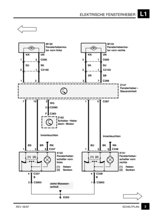 Page 214ELEKTRISCHE FENSTERHEBERL1
3SCHALTPLAN REV: 06/97
+
O
+
+%
I+J IBJ

+(%
>
	
	28
	 3	
 

KN
 B+%%
 
8

(%( +B
K+BB
>
	
	8
	 3	



[1] Heben
[2] Senken
D
B
BBUN
SK
+( B+((
>
	
	28
	 3	
 	
 B+%( B
O +UN
+
+$  $%%
SU H%%
SU SK
SR SB
 BGG
 BGO
BS BR BU BK
+DO
>
	
	
	

H
Innenleuchten
 ((O
RN
 ((O
I+J IBJ
+B
K+$+
>
	
	8
	 3	

	
[1] Heben
[2] Senken
DH  ((G
 ((G
Innenleuchten
RN
BB
+  (%%(B  (%%(
KN...