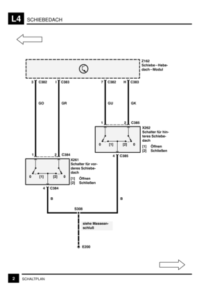 Page 218SCHIEBEDACHL4
2SCHALTPLAN
S308
B  (GD
+B
KBHB
	 	 
8
	 
8

[1] Öffnen
[2] Schließen (G$
 (GDGU
D
D
+GK GR GO
0 [1]0 [2]
 (G$
+HB

!
8

3 H C3837 C382 C382
E200
I C383
BB
siehe Massean-
schluß
0 [1]0 [2]
KBH+
	 	 3	8
	 
8

[1] Öffnen
[2] Schließen 