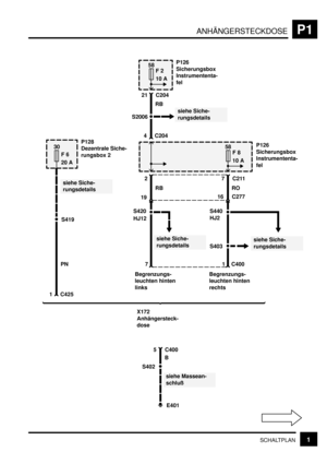 Page 231ANHÄNGERSTECKDOSEP1
1SCHALTPLAN
S402
30
F 6
20 A
E401
siehe Massean-
schluß PN
1 C425P128
Dezentrale Siche-
rungsbox 2
X172
Anhängersteck-
dose
5 C400
58
F 8
10 AP126
Sicherungsbox
Instrumententa-
fel
2
RB7 C211
RO
C277
S440
S420
1 C4007
Begrenzungs-
leuchten hinten
linksBegrenzungs-
leuchten hinten
rechts
B
16
P126
Sicherungsbox
Instrumententa-
fel58
F 2
10 A
21 C204
S2006
siehe Siche-
rungsdetails
S419
4 C204
19
siehe Siche-
rungsdetails
RB
HJ12
S403
siehe Siche-
rungsdetails HJ2siehe Siche-
rungsdetails 