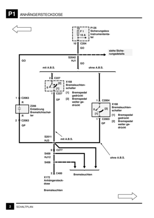 Page 232ANHÄNGERSTECKDOSEP1
2SCHALTPLAN
10P126
Sicherungsbox
Instrumententa-
fel
C204
C227
C227ohne A.B.S. mit A.B.S.
S2011X168
Bremsleuchten-
schalter
[1] Bremspedal
gedrückt
[2] Bremspedal
weiter ge-
drückt 1
X168
Bremsleuchten-
schalter
[1] Bremspedal
gedrückt
[2] Bremspedal
weiter ge-
drückt GO
215
F 1
15 A
[1][2]
0
S2042
GP
[1]
C20630
GO
1 C2004
C20631 C2003
GP Z206
Entstörung
Bremslichtschal-
ter
mit A.B.S.
ohne A.B.S. GO HJ1
GP
HJ3
siehe Siche-
rungsdetails
[2]
R
R
S409
S408
2 C400
X172
Anhängersteck-...