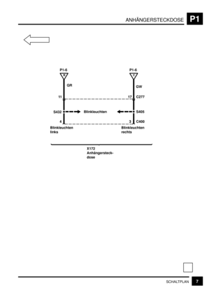 Page 237ANHÄNGERSTECKDOSEP1
7SCHALTPLAN
GR
S432GW
S405
3 C4004
Blinkleuchten
rechts Blinkleuchten
links
X172
Anhängersteck-
dose
Blinkleuchten
17 C277 11
P1-6
B
P1-6
C 