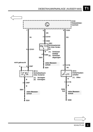 Page 246DIEBSTAHLWARNANLAGE (AUSSER NAS)T1
9SCHALTPLAN
Z163
Diebstahlalar-
meinheit
7
YK
[1][2]
M114
Schloßstellwerk
linke Vordertür
[1] Verriegeln
[2] Entriegeln
siehe Massean-
schluß 5 4 C507
B
3 C507
B
S501
E201
nicht gebraucht
6 C2101
X212
Kühlerhauben-
schalter
[1] Offen X201
Schlüsselschal-
ter linke Vorder-
tür
[1] Schlüssel
betätigt
[2] Schlüssel
abgezogen
siehe Massean-
schluß
siehe Massean-
schluß 89
3
1C2101
C504
4
C504
S501
1 C178 2 C178
E200 B B PO UG
B
S204 [2] [1]
0[1] E201YN
HJ3C225 