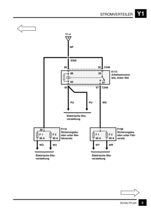 Page 269STROMVERTEILERY1
5SCHALTPLAN
F 1
30 A
30K113
Arbeitsstromre-
lais, linker Sitz
30 C348
87 C348 86
85
87 85 86
PU
Elektrische Sitz-
verstellung
P108
Sicherungska-
sten unter Fah-
rersitz
F 2
30 A
WYWR
Elektrische Sitz-
verstellung
WN
F 1
30 AP116
Sicherungska-
sten unter Bei-
fahrersitzF 2
30 A
WOWU
Elektrische Sitz-
verstellung
PU
B
Y1-4
S306
NP
3030 