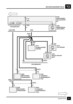 Page 300SICHERUNGSDETAILSY2
27SCHALTPLAN
außer NASNAS
B104
Lenksäulen-
schalterbeleuch-
tung X229
Mikroschalter
Zündschlüssel
W 3
1C2013
P
PW
B104
Lenksäulen-
schalterbeleuch-
tung X229
Mikroschalter
ZündschlüsselW 7
4C2012
S2021
HJ6
3
1 C2013
Z110
Gruppenschalter
GetriebeZ114
CD–Wechsler
S2021
3 C381 1 C344 HJ6
Z126
Service–Intervall-
gerät
86 BWC2106
30
F 12
10 A
Z148
Multifunktions-
einheit (MFU)
P126
Sicherungsbox
Instrumententa-
fel
17 C204 7 C208
P nicht gebraucht
5 C211 I
nicht gebraucht 