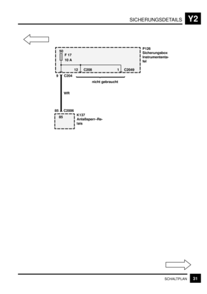 Page 304SICHERUNGSDETAILSY2
31SCHALTPLAN
P126
Sicherungsbox
Instrumententa-
fel
K137
Anlaßsperr–Re-
lais
WR
85 C2006
9 C204
50
F 17
10 A
1 C204912 C208
nicht gebraucht
85 