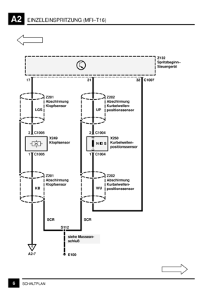 Page 33EINZELEINSPRITZUNG (MFI–T16)A2
6SCHALTPLAN
Z132
Spritzbeginn–
Steuergerät
C1007 17
E100 Z201
Abschirmung
Klopfsensor
S112
X249
Klopfsensor
siehe Massean-
schluß
3132
2 C1005
1
Z201
Abschirmung
Klopfsensor
C1005
KB LGS
Z202
Abschirmung
Kurbelwellen-
positionssensor
X250
Kurbelwellen-
positionssensor
2 C1004
1
Z202
Abschirmung
Kurbelwellen-
positionssensor C1004
WU UP
SCR SCR
E
A2-7
SN 