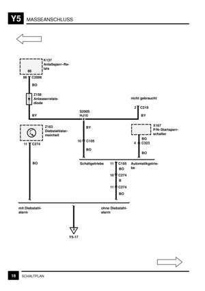 Page 322MASSEANSCHLUSSY5
16SCHALTPLAN
BO
B
K137
Anlaßsperr–Re-
lais
mit Diebstahl-
alarmohne Diebstahl-
alarm
C2006 86
86
Z158
Anlasserrelais-
diode
BY
C274
Automatikgetrie-
be Schaltgetriebe
4 C323
BG
BO
X167
P/N–Startsperr-
schalter
S2005
HJ10nicht gebraucht
C218 2
Z163
Diebstahlalar-
meinheit
C274 11
BO
C105 11
BO
C274
BO BO BY
C105 10
Y5-17BY
10
11B 