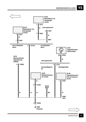 Page 323MASSEANSCHLUSSY5
17SCHALTPLAN
E200
Z164
Tageskilometer-
zählermodul
85
85 C2021
4 C2028S204
HJ3
teilweise
Automatikgetrie-
beSchaltgetriebe
B
Y5-16
B106
Zigarettenanzün-
der (Armaturen-
brett) B183
Nebelscheinwer-
fer rechts
B BO B
B1 C353B
7 C218
2 C1025nicht gebraucht
2 C2104
B 5 C2083
X318
Steckverbinder
Datenleitung
(OBDII)
1 C603
S601 B
C607
B133
Beheizbarer Au-
ßenspiegel
rechts
C612
1 C603
1 C612
B
3 nicht gebraucht
1
mit Diebstahl-
alarm ohne Diebstahl-
alarmB133
Beheizbarer Au-
ßenspiegel...