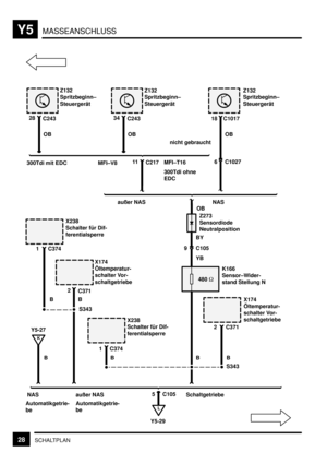 Page 334MASSEANSCHLUSSY5
28SCHALTPLAN
L
X238
Schalter für Dif-
ferentialsperre
K166
Sensor–Wider-
stand Stellung N
5 C105B
X174
Öltemperatur-
schalter Vor-
schaltgetriebe
C371
X174
Öltemperatur-
schalter Vor-
schaltgetriebe 1 C374
2 C371
B
Y5-29
K
X238
Schalter für Dif-
ferentialsperre
480 
Z132
Spritzbeginn–
SteuergerätZ132
Spritzbeginn–
Steuergerät
Z273
Sensordiode
Neutralposition
Y5-27
BB2
B
C374 1
B S343C243 34
OB
MFI–V8MFI–T16
300Tdi ohne
EDC C217 11
C1017 18
C1027 6 nicht gebraucht
außer NAS NASOB
OB
BY...