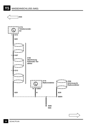 Page 340MASSEANSCHLUSS (NAS)Y5
34SCHALTPLAN
1 C437
1 C412
Z199
Abschirmung
Subwoofer–Ver-
stärker
1 C212
10 C2054Z175
Radioverstärker
Z176
Tiefsttonverstär-
ker
SCR
SCRZ226
Schirmung für
Radioverstärker
SCR B
S2024
E205
NAS NAS 