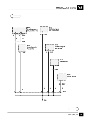 Page 341MASSEANSCHLUSSY5
35SCHALTPLAN
85 30C358K131
Arbeitsstromre-
lais, rechter Sitz
85
30
4 C320X152
Verstellschalt.
Fahrersitz
BB
S320
B
E301
85 C349K129
Sitzheizungsre-
lais Seite links
B 85
85 C357K135
Sitzheizungsre-
lais rechts
85
B143
Lehne links
2 C309
B144
Lehne rechts
2 C307
5 C301136412
BB B 