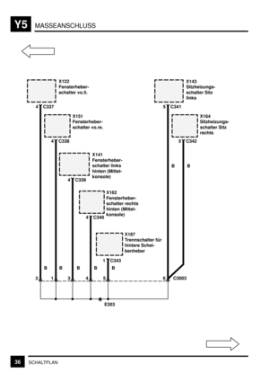 Page 342MASSEANSCHLUSSY5
36SCHALTPLAN
24 C337
E303X187
Trennschalter für
hintere Schei-
benheber X122
Fensterheber-
schalter vo.li.
C3003
X151
Fensterheber-
schalter vo.re.
4 C338
B B
4 C339X141
Fensterheber-
schalter links
hinten (Mittel-
konsole)
X162
Fensterheber-
schalter rechts
hinten (Mittel-
konsole)
4 C340
B B
1 C343
B
134565 C341X143
Sitzheizungs-
schalter Sitz
links
X164
Sitzheizungs-
schalter Sitz
rechts
5 C342
B
B 