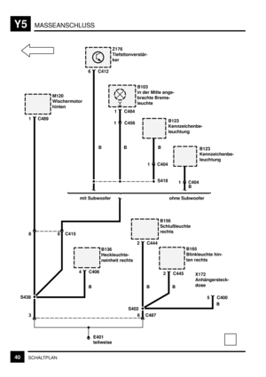 Page 346MASSEANSCHLUSSY5
40SCHALTPLAN
Z176
Tiefsttonverstär-
ker
S418
1 C404
6 C412
B103
in der Mitte ange-
brachte Brems-
leuchte
1 C484
1 C404
B123
Kennzeichenbe-
leuchtung
B123
Kennzeichenbe-
leuchtung
mit Subwoofer ohne Subwoofer1 C456
B156
Schlußleuchte
rechts
2 C444
B165
Blinkleuchte hin-
ten rechts
2 C445
5 C400
B136
Heckleuchte-
neinheit rechts
4 C406
M120
Wischermotor
hinten
1 C489
E401
B
8
S438
3X172
Anhängersteck-
dose 6 C415
B
6 C487
teilweiseBB
B BB
B
S402 