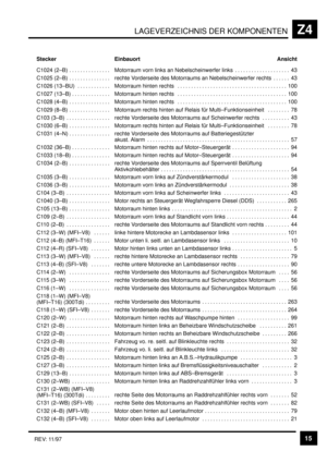 Page 361LAGEVERZEICHNIS DER KOMPONENTENZ4
15REV: 11/97
 Stecker Einbauort Ansicht
 C1024  (2–B) . . . . . . . . . . . . . . .  Motorraum vorn links an Nebelscheinwerfer links 43. . . . . . . . . . . . . . . . . . . .  C1025  (2–B) . . . . . . . . . . . . . . .  rechte Vorderseite des Motorraums an Nebelscheinwerfer rechts 43. . . . . .  C1026  (13–BU) . . . . . . . . . . . .  Motorraum hinten rechts 100. . . . . . . . . . . . . . . . . . . . . . . . . . . . . . . . . . . . . . . .  C1027  (13–B) . . . . . . . ....