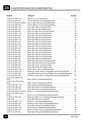 Page 362LAGEVERZEICHNIS DER KOMPONENTENZ4
16REV: 06/97
 Einbauort Ansicht Stecker
 C132  (6–B)  (MFI–T16) . . . . . .  Motor vo. re. auf Leerlaufmotor 59. . . . . . . . . . . . . . . . . . . . . . . . . . . . . . . . . . .  C133  (3–B)  (SFI–V8) . . . . . . .  links im Motorraum auf Luftmengenmesser 12. . . . . . . . . . . . . . . . . . . . . . . . .  C133 (5–B) (300Tdi mit EDC) links im Motorraum auf Luftmengenmesser 13. . . . . . . . . . . . . . . . . . . . . . . . .  C133  (6–B)  (MFI–V8) . . . . . . .  links...