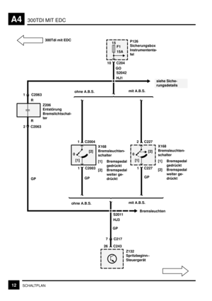 Page 47300TDI MIT EDCA4
12SCHALTPLAN
GOP126
Sicherungsbox
Instrumententa-
fel
15
15A
S2011
Z132
Spritzbeginn–
Steuergerät 2 C2063
GP
Bremsleuchten 10 C204
S2042
1 C2063
HJ3
26 C243
1 C2003 1 C227
X168
Bremsleuchten-
schalter
[1] Bremspedal
gedrückt
[2] Bremspedal
weiter ge-
drückt
[1]
[2]
0
C2004 1 2 C227
GP
GP
Z206
Entstörung
Bremslichtschal-
ter
HJ1
ohne A.B.S.mit A.B.S.
GP
7 C217
300Tdi mit EDC
ohne A.B.S.mit A.B.S.
R R
X168
Bremsleuchten-
schalter
[1] Bremspedal
gedrückt
[2] Bremspedal
weiter ge-
drückt F1...