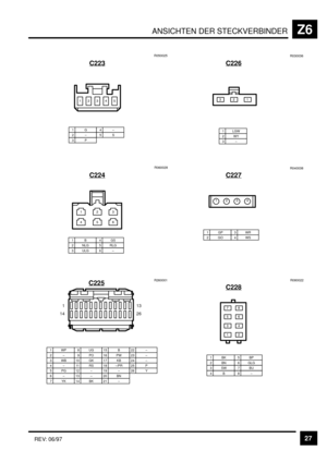 Page 468ANSICHTEN DER STECKVERBINDERZ6
27REV: 06/97
C223
1G2–3P
4–5SR050025
&)*+B
C224
1B2 NLG3 ULG
4GS5 RLG6–R060028
&
+
)
B
*
D
C225
1WP2–3WB
7YK
8UG9PO
13 –
4–10 GK
14 BK
15 B16 PW
19 –20 BN21 –
5PG11 R S17 KB
22 –23 –
6–12 –18 –/PR24 –25 P26 YR260001
1
1413
26
C226
1 LGW2WY3–R030036
*)&
C227
1GP2GO3WR4WSR040038
&
)*+
C228
1BK2BN3SW4B
5BP6 GLG7BU8–R080022
HG
BD
*+
&) 