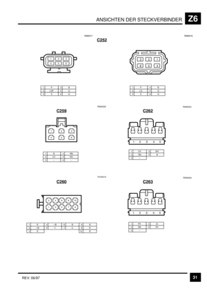 Page 472ANSICHTEN DER STECKVERBINDERZ6
31REV: 06/97
C252
1P2 LGP3S
4B5G6GEDEE&H
) &
+B
*
D
1P2LG3S
4B5G6G
& ) *
+ B D
EDEE&D
C259
1B2UY3–
4RN5RO6–R060028
&
+
)
B
*
D
C260
1R2 –/B3G
4 –/B5Y10 B
6B7U8B9RR100015
)
&
+
*
D
B
G
H
&E
L
C262
1GY2RN3–
4WY5BR050024
&) * +B
C263
1RY2RN3–
4B5RYR050024
&) * +B 