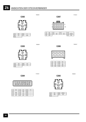 Page 475ANSICHTEN DER STECKVERBINDERZ6
34C282
EBEEE&
*E
GD
GHGB
GH
85 LG86 B87 LGW30 NW
87a –
C283
EBEEE&
*E
GD
GHGB
GH
85 PN86 PO87 PG30 PN
87a –
C284
&)
&)*+BDHG
L&E&&&*&+&B
R150001
1WU2–3RW
6BY7BR8B
10 WY
11 Y K
4UW9PG
12 –13 –
5GP14 –15 –
C287
1BU2WG3 LGP
4–5BK10 BR
6–7BS8–9 PG/PRR100021
&
DB
&E
C288
1SU2SK3SR4WK
5PS6B7SB8PNR080027
B
&
D
)
H
*
G
+
C292
EBEEE&
*E
GD
GHGB
GH
85 GW86 BP/NG87 BN30 NG
87a – 