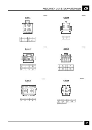 Page 478ANSICHTEN DER STECKVERBINDERZ6
37 C2011
1–2–3–
4B5–6 WLGR060029
&)*
+BD
C2012
1–2–3OW4P
5BR6WP7P8PUR080023
&
+*
G
C2013
1P2PU3P4WP
+ )
* &E+EEE&
C2014
1OW2BR020057
&)
C2015
1GS2 LGG3 ULG4 RLG
5GS6–7 LGP8 LGBR080024
&
G+
B
C2021
EBEEE&
*E
GD
GHGB
GH
85 BY/B86 WS87 –/PW30 WS/WU
87a PY/– 