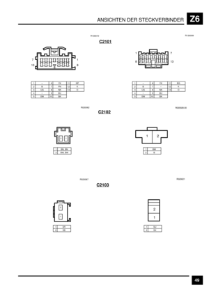 Page 490ANSICHTEN DER STECKVERBINDERZ6
49 C2101
R130009
&H
G&*
R130010
H
&*&
G
1–2B3UG
6YK7PN8NK
10 BK
11 N P
4–9BU
12 K13 O
5SW
1–2B3UG
6YK7–8NK
10 BK
11 B G
4–9BU
12 K13 O
5SW
C2102
1BW2B
2 1
E)EE)G EE
1 BN, BN2BW, BWR020062
)&
C2103
1SR2SB1SU2SK
2
1
E)EE)&
R020067
)
& 