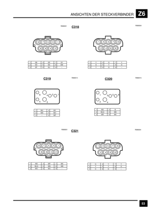 Page 494ANSICHTEN DER STECKVERBINDERZ6
53 C318
ELEEE+
B*
&
D + )L H
G
ELEEE&
BH
L
+ D G& *
)
1SB2SG3SP
4SR5SN6SU
7SY8SW9–
1Y2G3Y
4G5Y6G
7Y8G9–
C319
1WU2WN3–
4WY5WO6WP
& )
* +
B D
EDEE&+C320
1WS2 WLG3WR
4B5WB
D B
+ *
) &
6WKEDEE&B
C321
1WS2 WLG3WO
4WP5WN6WU
7WK8WB9–ELEEE&
BH
L
+ D G& *
)
1G2Y3G
4Y5Y6G
7Y8G9–ELEEE+
B*
&
D + )L H
G 