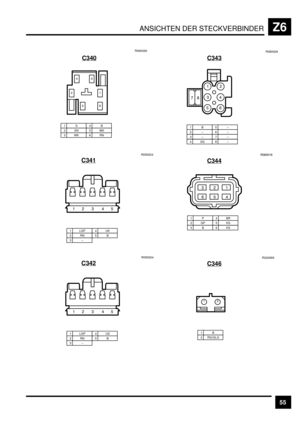 Page 496ANSICHTEN DER STECKVERBINDERZ6
55 C340
R060026
+
1S2SN3WK
4B5WK6RN
*
)&
BD
C341
R050024
1 LGP2RN3–
4UK5B
&) * +B
C342
R050024
1 LGP2RN3–
4US5B
&) * +B
C343
R080029
1B2–3–4SG
5–6–7–8–
&
*
B)
+
D
HG
C344
1P2GP3B
4BR5KS6KS
& ) *
+ B D
EDEE&D
C346
R020069
1B2 RG/GLG&
) 