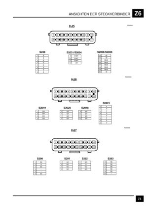 Page 514ANSICHTEN DER STECKVERBINDERZ6
73 HJ5
S238
&)*+BDHGL&E
)E&L&G&H&D&B&+&*&)&&
 1B2B3B
6B 7B8B
11 B/WY4B
 9 B/WY
12 –/WY
13 –/B14 –/B
16 RB/B17 RB/B18 RB/B 5B
10 B/WY15 RB/B
19 RB/B20 –/B
S2031/S2054S2006/S2025
R200001
HJ6
S2019
&)*+BDHGL&E
)E&L&G&H&D&B&+&*&)&&
1GW2GW3GW6GR7GR8GR11 B R4GW
9BR
12 BR
13 P14 P
16 P17 P18 PR200009
5GR10 BR
15 P
19 P20 P
S2018S2021
S2020
HJ7
S290
&)*+BDHGL&E
)E&L&G&H&D&B&+&*&)&&
1BS2B3BS
6BS
7NO8NO11 W G
4–9NO12 B13 WG14 WG
16 RB17 RB18 RBR2000085–10 NO
15 RB
19 RB20 –
S292 S293...