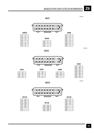Page 516ANSICHTEN DER STECKVERBINDERZ6
75 HJ11
&)*+BDHGL&E
)E&L&G&H&D&B&+&*&)&&
R200001
S2023
1B2B 3B
    6 B
 4B 16 B17 B18 B    5 –
15 B
19 B20 B
S288
    8 B    7 B
 14 B13 B
11 –
 9B
 12 B
10 B
S2044
HJ12
&)*+BDHGL&E
)E&L&G&H&D&B&+&*&)&&
R200009
 16 RB17 RB18 RB
15 RB
19 RB20 RB
S420
 14 RB13 RB
3RY
 1RY
 4RY
2RY
S434
7–
5RO
 8RO
6RO
S440
11 G P
 9GP
 12 –
10 GP
S409
HJ13
&)*+BDHGL&E
)E&L&G&H&D&B&+&*&)&&
R200001
S2124
1 LGP2 LGP 3 LGP
    6 LGP
 4 LGP 16 PS17 –18 –    5 LGP
15 PS
19 –20 –
S2126
    8 –    7...