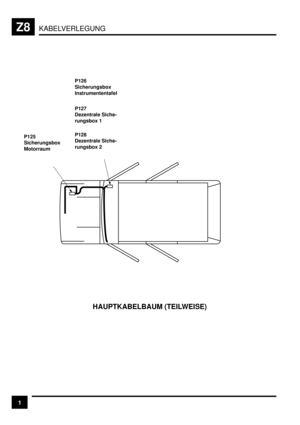 Page 517KABELVERLEGUNGZ8
1
 






 
 
 
 
 
 
 
 
P125
Sicherungsbox
MotorraumP126
Sicherungsbox
Instrumententafel
P127
Dezentrale Siche-
rungsbox 1
P128
Dezentrale Siche-
rungsbox 2
HAUPTKABELBAUM (TEILWEISE) 