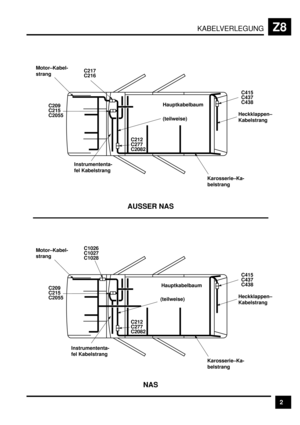 Page 518KABELVERLEGUNGZ8
2
 
        
 
 
 
 
 
 
 
 
Motor–Kabel-
strangC217
C216
HauptkabelbaumC415
C437
C438
Heckklappen–
Kabelstrang
Karosserie–Ka-
belstrang Instrumententa-
fel Kabelstrang C209
C215
C2055
C212
C277
C2082
         
 
 
 
 
 
 
 
Motor–Kabel-
strangC1027
C1028
HauptkabelbaumC415
C437
C438
Heckklappen–...